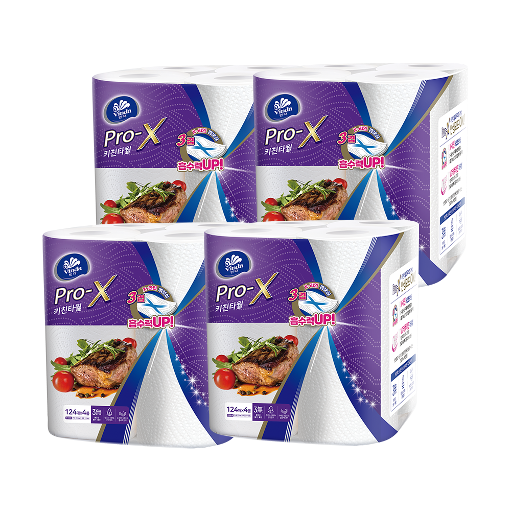 ★FDA기준통과, 화학보존제 무첨가★ 빈다 Pro-X 3겹 키친타올 124매 4롤 4팩 (vinda, 천연 펄프, 무형광)