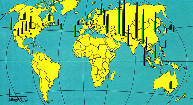 (그림4)1975-1980년 세계 각국의 부유분진 오염도(서울은 1985년 자료)