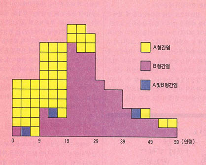 <;그림 1>;한국인에서 연령에 따른 증상을 동반한 급성A형 및 급성B형 간염의 분포도(1982)