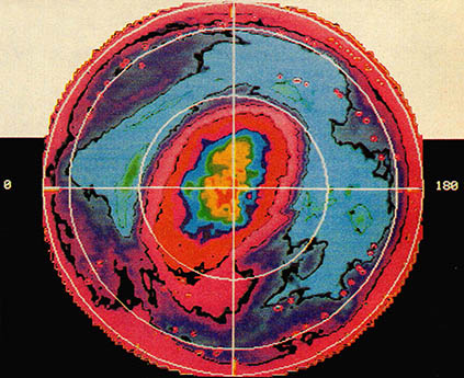 남극상공의 오존 구멍 위성 사진.