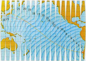 칠레해일 1960년 5월23일(한국표준시)에 칠레의 난바다에서 발생한 해일전파도.칠레해안과 직각방향으로 생긴 해일의 에너지가 극동해안을 직격하는 모양으로 선으로 표시되어 있다.