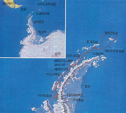 '제롬 폰세트'일행의 탐험 코스와 남극반도의 위치