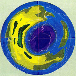 지난 10년간 오존량은 3%나 감소했다. 사진은 86년도 남극상공의 오존층 파괴 정도를 보여준다.