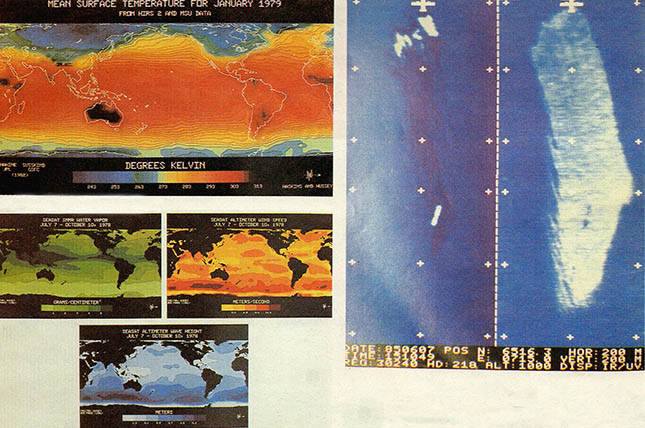 해양탐사위성이 조사해낸 지구표면 온도분포, 수분함량 풍속 파고 분포,  해양석유오염(스웨덴지역)조사결과,왼쪽은 열적외선을 사용했고 오른쪽은 자외선을 사용했다.