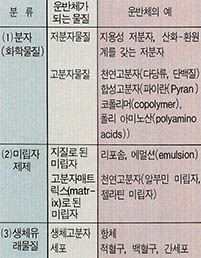 (표1)미사일 제제의 운반체로 많이 연구되고 있는 물질들