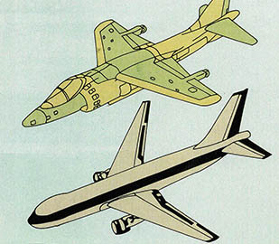 (그림1) AV-8B의 모형도^진하게 표시된 부분이 탄소섬유로 보강된 플래스틱 부분으로 전체 비행기 무게의 23%인 5백30kg이다.  (그림2) 복합재료로 만들어진 보잉 767의 모형도^검게 표시된 부분이 탄소섬유로 보강된 플래스틱으로 되어있다.