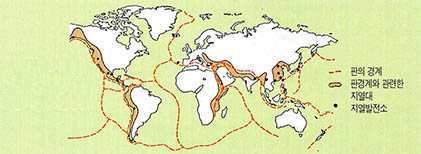 (그림1)판구조론과 관련된 세계의 지열지대 및 지열발전소