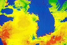 한국연근해의 어족자원분포를 규명하기 위해 인공위성으로 영상처리한 수온분포도