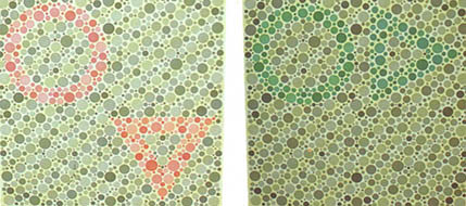 색각이상의 종류를 3등급으로 분류한 HRR테스트. 이시하라 색맹검사표에는 없는 청황(靑黃) 색각이상 분류도 있다. 두 개의 표 중 왼쪽은 강도(强度) 오른쪽은 중등도의 적녹색각이상자를 각각 판변해낸다.