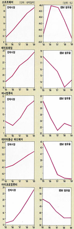 (그림1) 정보시스템 분야별 시장규모와 IBM 시장점유율