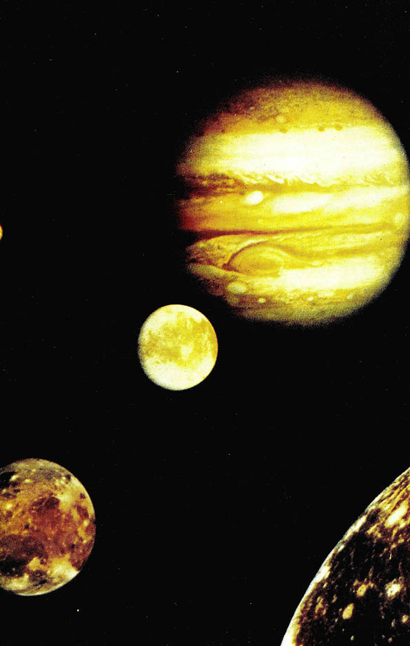 목성과 그의 위성들^보이저탐사선이 찍은 사진을 몽타주해 만든 사진