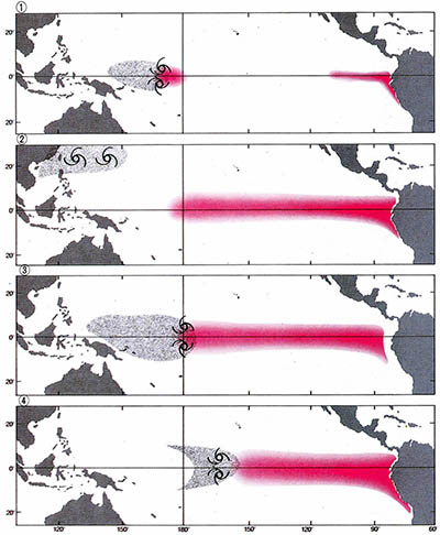(그림4) 엘리뇨현상이 나타난 해에 발생한 열대성 사이클론(cyclone). 지도상의 소용돌이 모양이 사이클론을 나타내고 점선이 찍힌 부분은 기압골의 범위를 뜻한다. 또 붉은색은 해수의 온도가 올라간 지역을 가리킨다. ①1~5월 ②6~8월 ③9~11월 ④12~이듬해 2월 