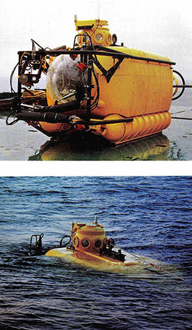 1986년 한국기계연구소 부설 해사기술연구소가 국내최초로 개발한 작업수심 2백50m급 3인승 잠수정. 시운전을 마치고 선박위에 있는 모습(위). 시운전을 하기 위하여 수면에서 점검중인 모습(아래0