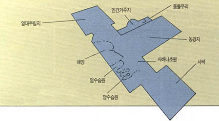 바이오스피어 Ⅱ의 평면구조^다섯종류의 자연생태계와 두종류의 인공생태계를 포함하고 있다. 