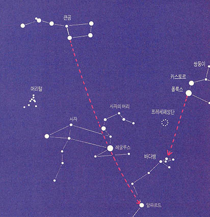 (그림)북두칠성으로부터 레굴루스와 알파르드를 보는 법
