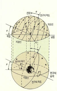 (그림9) 북반구에서의 관측자와 천구의 일주운동