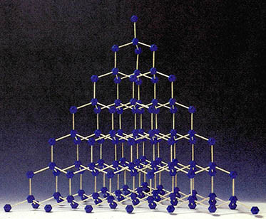 다이아몬드의 구조. 정사면체 중앙에 위치한 탄소원자가 정사면체의 각 꼭지점에 위치하는 네개의 인접 탄소원자와 3차원적으로 결합해 있다.