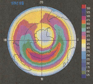 매년 10월이 되면 남극상공에는 오존층이 엷어진다. 그림은 1979년 10월의 상황이다(오존농도(DU) 300이상으로 구멍이라고 할 수 없음).