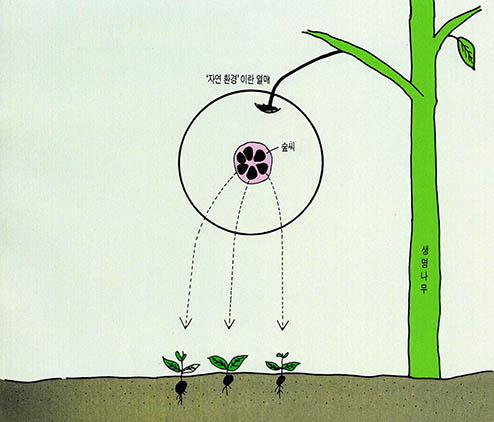 (그림2) 숲씨의 보존^인간은 '자연환경'이란 생명나무의 과실(果實)로부터 과육(果肉)을 이용해 자연환경의 잠재적 유전자 창고인 숲의 씨앗을 절대적으로 보존해야 한다.