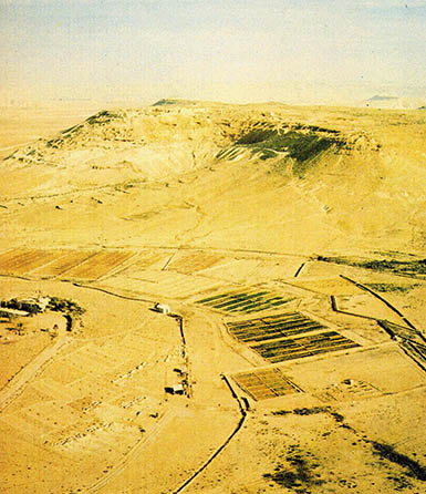 중동네게브 사막. 고대 도시의 유적(언덕)과 현재 재건중인 농장. 한번 사막화가 진행되면 되돌리는 것은 매우 어렵다.