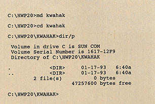 HWP 20 디렉토리에서 MD명령을 이옹해 KWAHAK이란 서브 디렉토리를 만든다. 그리고 CD명령으로 KWAHAK 디렉토리로 옮겨가 그 속에 있는 파일들을 보면 <;·>;나 <;‥>;, 즉 자신과 부모를 표현하는 디렉토리만 존재한다.