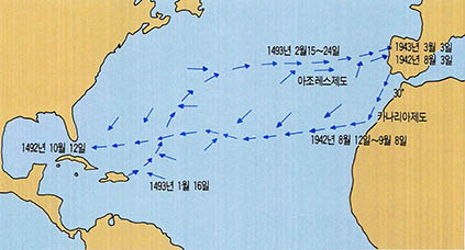 (그림3) 콜럼버스의 최초 항해 항로와 그때 불고 있던 바람