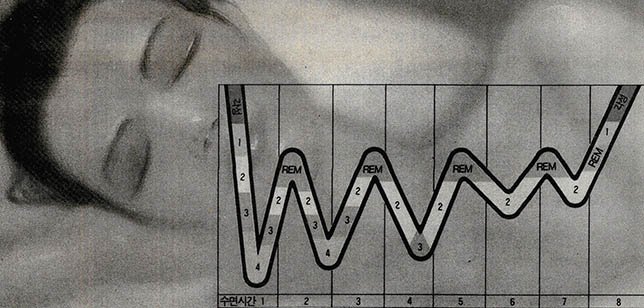 건강한 사람의 수면 사이클^각성단계에서 수면단계로 넘어가면 REM수면과 non REM수면을 반복하는 사이클을 보여준다.
