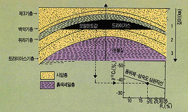 (그림2) 배사구조의 단면도와 탄소동위체 상호관계