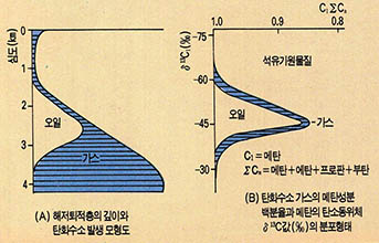 (그림5) 지열에 의한 탄화수소 가스의 발생과 안정동위체의 특성 비교