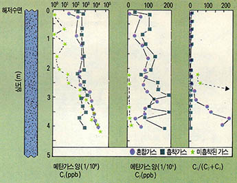 (그림7) 퇴적층 심도단면과 층내부에 흡착된 메탄(${C}_{1}$) 에탄(${C}_{2}$) 프로판(${C}_{3}$)의 농도와 메탄의 성분비(${C}_{1}$/(${C}_{1}$+${C}_{2}$))의 상호관계