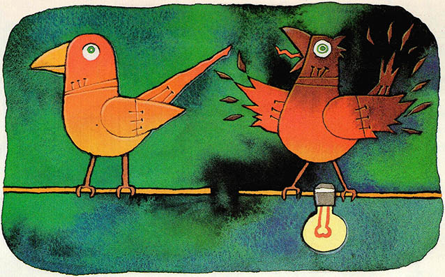 (그림3) 전선에 앉은 새의 감전 여부^피복없는 전선에 새가 앉아도 안전하다. 그러나 전구와 병렬로 연결돼 있다는 가정을 하면 감전이 일어난다.