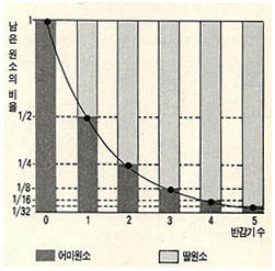 (그림4) 단위량의 우라늄이 시간이 지남에 따라 붕괴하는 양