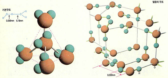 (그림3) 수소 결합에 의한 얼음의 구조 모형
