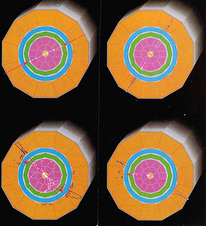 제네바에 있는 CERN의 LEP(전자-양전자형) 가속기 단면.  Z입자가 붕괴되는 과정을 보여주고 있다(왼쪽 위 그림에서 시계방향으로)