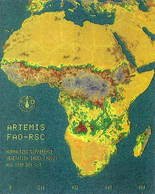 아프리카 환경감시정보시스템(ARTEMIS)으로 잡은 메뚜기 떼의 움직임(사막지역의 녹색부분)