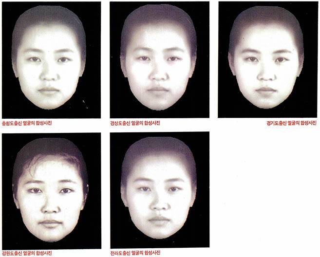 한국인의 표준얼굴^강원도 출신은 일본인과 가깝고, 서남부 충신이 한국인의 평균얼굴을 보인다.