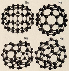 슈퍼 컴퓨터를 사용한 시뮬레이션으로 본 ${N}_{60}$과 ${N}_{70}$분자. 일부가 찌그러진 것과 축구공 모양의ㅣ 것을 만들 수 있다.