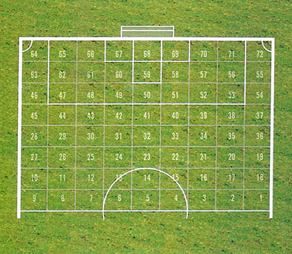 (그림1) 경기장 분할도^전체 득점의 90% 이상이 그림의 59, 67, 68 인접 부근에서 이루어졌다.