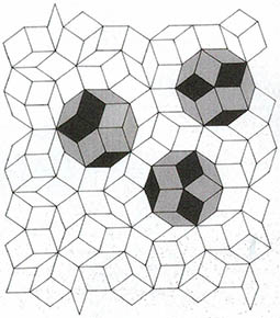 펜로즈 타일링. 두개의 마름모를 이용해 5각형으로 평면을 메워나갈 수 있다.