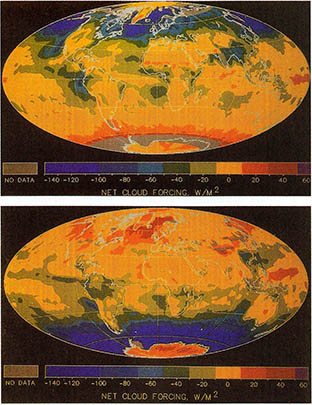 (그림2)지구의 구름복사강제력^이 글미은 인공위성 관측을 통한 지구복사수지실험으로부터 얻어진 것으로 위는 여름, 아래는 겨울을 나타낸다. 지구의 대부분 지역이 굴므에 의해 냉각되고 있음을 알수있다(단위 ${Wm}_{-2}$).