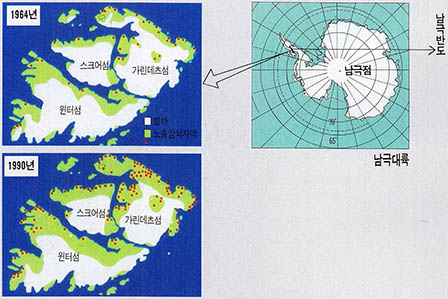 1964년 스크아섬 원터 섬 가린데츠섬의 종자생물 분포. 노출된 암석지역에 드문드문 터져있다.(위) 1990년 종자생물 분포. 26년 지나자 노출된 암석자국을 메우듯이 퍼져나간 것을 알 수 있다. 빙상면적도 약간 감소되어 있다.(아래)