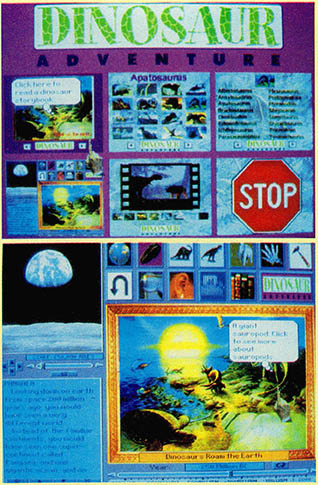 CD-롬 타이틀 공룡탐험의 초기화면(위)과 넷째장을 실행시킨 화면