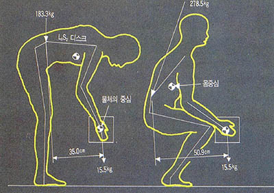 그림은 같은 무게를 들 때 척추에 걸리는 힘은 몸중심에 가까이 붙여 들수록 줄어듬을 보여주고 있다. 이같은 인간공학적 연구 결과는 물건의 설계와 디자인에 응용됨으로써 좀더 편안한 환경을 만드는데 공헌한다.