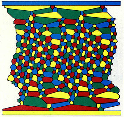 (그림6) 무어(E.F.Moore)가 작성한 8백 46개국으로 된 지도(일부)의 보기^지도의 색깔을 이루고 있는 것은 국경을 접하고 있는 나라의 구조와 관련된다. 이 지도는 54개의 8각형, 2백88개의 7각형, 96개의 6각형, 4백8개의 5각형이 원기둥에 그려진 것을 전개한 것이다. 평면상의 4색문제를 생각하는 일은 오른쪽끝과 좌편끝을 붙여서 생각해야 한다.