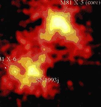 아스카가 찍은 X선 천체들.M81의 중심과 초신성 1993j에서 X선이 강하게 분출되고 있다.