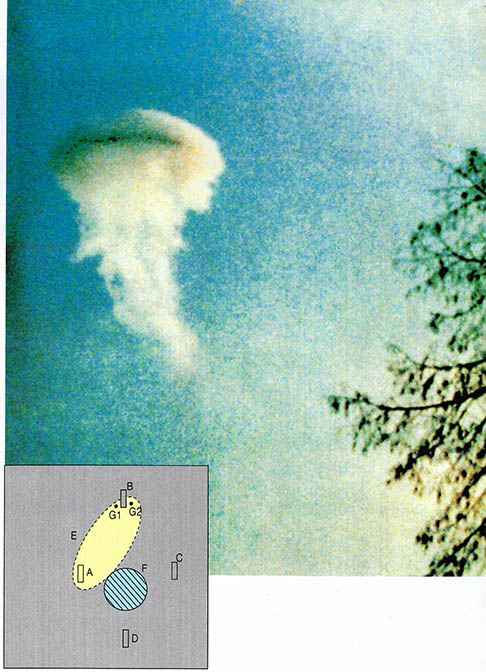 UFO가 구름에 쌓여 있는 모습.1974년 11월 17일 덴마트에서  촬영. (그림2)옛소련 보레니시의 착륙 흔적(1989년)