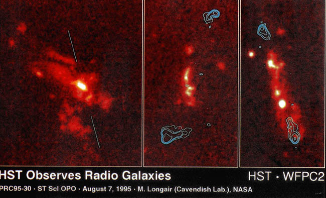 (왼쪽) 3C265. 이 은하에서는 여러개의 성단, 혹은 작은 위성 은하들이 분해되어 보인다. 파란 선은 전파가 방출되는 축을 난타낸 것인데, 3C265는 다른 은하와는 달리 은하의 기하학적인 축과 전파의 축이 서로 다르게 나타난다. 3C265에서는 은하간의 충돌에 의해서 대규모적으로 별이 탄생했고, 전파를 발생하는 제트의 분출이 별탄생을 촉진할 것으로 예측된다. (가운데) 3C324. 상호작용을 이으키는 것으로 보이는 몇 개의 구성성분이 전파가 방출되는 축을 따라 발견된다. (오른쪽) 3C368. 현재까지 잘 연구된 전파은하 가운데 하나. 전파가 방출되는 축과 광학 이미지에 나타난 '막대' 가 잘 일치한다. 여기에는 별과 먼지로 구성된 밝은 덩어리들이 함께 나타나 있는데, 이로 부터 은하핵의 블랙혹에서 고속 제트가 분출되면서 그 분출경로를 따라 별탄생이 촉진 된다는 가설을 세워 볼 수 있다.
