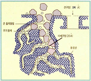 활성탄 내부 구조^활성탄 내부에는 작은 구멍들이 많아 유해물질들이 이곳에 흡착된다.