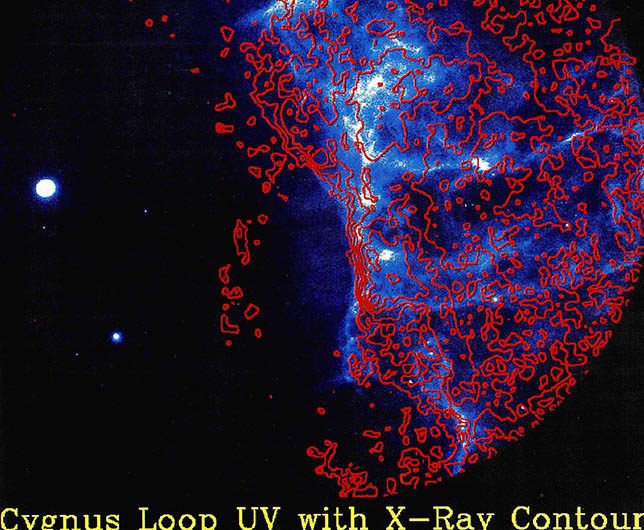 (사진4) 아스트로1에서 UIT로 촬영한 면사포성운의 자외선 화상과 X선 지도