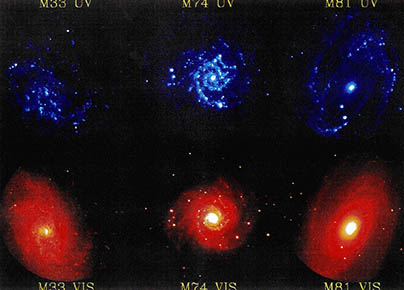 (사진6) 아스트로 1에서 UIT로 촬영한 나선은하들. [왼쪽] M33(분류형 : Scd). 벌지가 뚜렷하게 구별되지 않으며 나선팔이 느슨하게 감겨 있다. [가운데] M74(분류형 : Sc). 나선팔이 M33보다 빽빽하게 감겨있고 벌지도 비교적 발달한 편이다. 나선팔에 밝게 나타난 굵은 점들은 대규모에 걸쳐 별탄생이 일어나는 지역이다. [오른쪽] M81(분류형 : Sb). 이것은 나선팔 간격이 M74보다 훨씬 빽빽하며 별들과 주변 가스가 드문드문 흩어져 있다. 한편 벌지는 아주 뚜렷하게 나타나며 주로 차가운 별들로 이뤄져 있다.